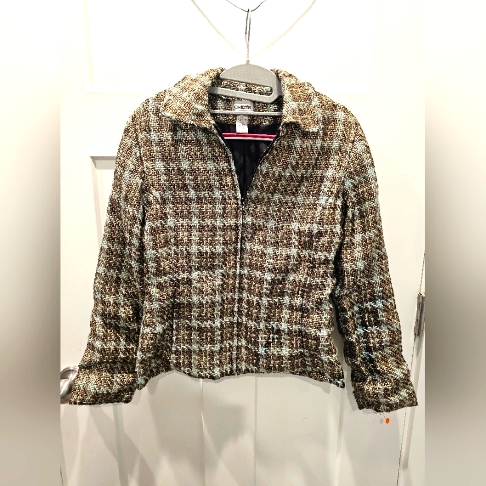 Chico’s Metallic Tweed Jacket Sz0 Small Gold Teal Zip Front Collared Blazer 4/6